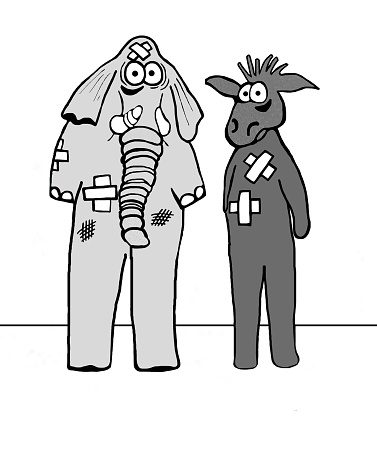 An elephant and a donkey have beaten each other up