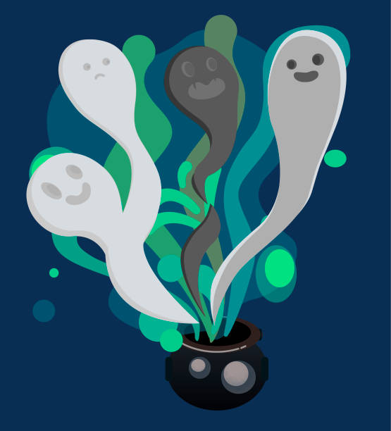 Ghosts get out of the witch's cauldron to celebrate Halloween. vector art illustration