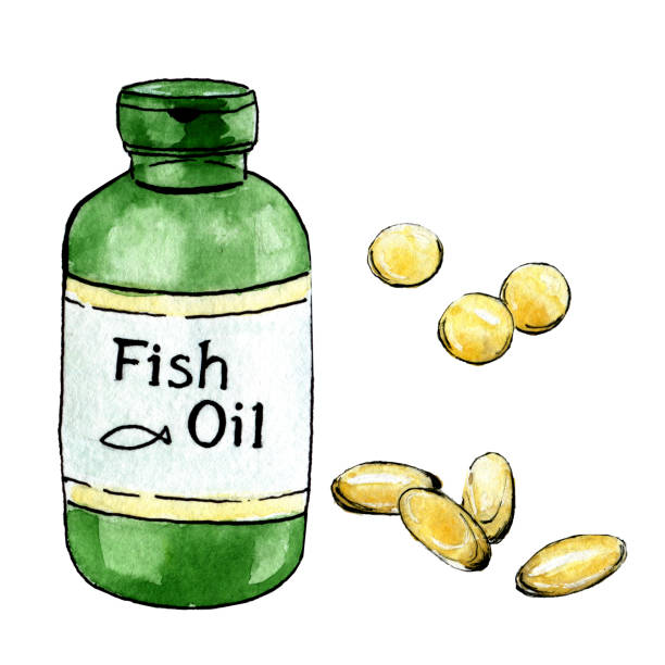 illustrazioni stock, clip art, cartoni animati e icone di tendenza di olio di pesce acquerello disegnato a mano - omega 3 white background medicine cod liver oil