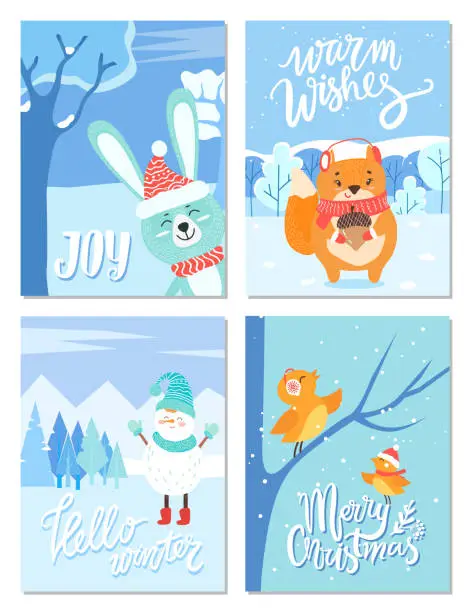 Vector illustration of Warm Wishes, Merry Christmas Greeting Cards Set