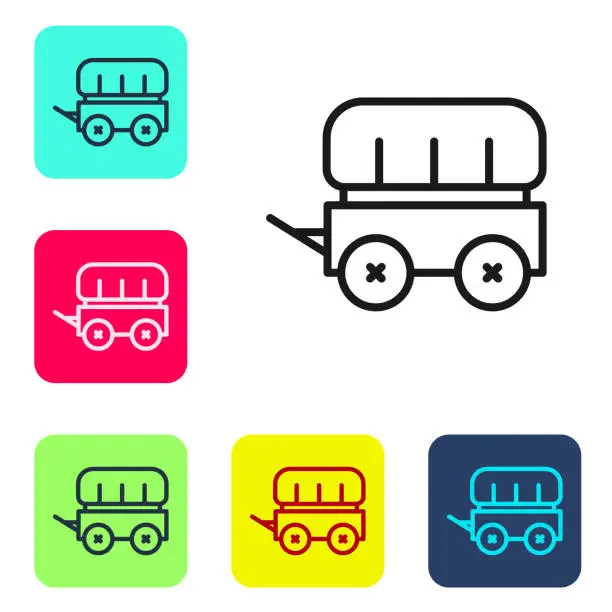 Vector illustration of Black line Wild west covered wagon icon isolated on white background. Set icons in color square buttons. Vector