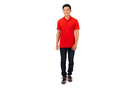 T-shirt design, Young man in red t-shirt isolated on white background