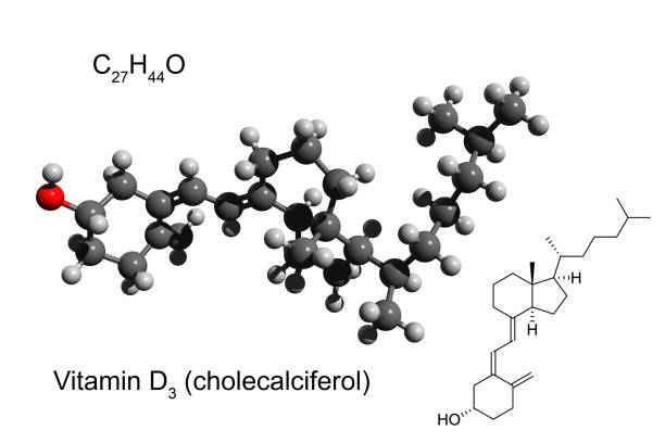 chemical formula, structural formula and 3d ball-and-stick model of vitamin d3 (cholecalciferol), white background - hydrogen molecule white molecular structure imagens e fotografias de stock