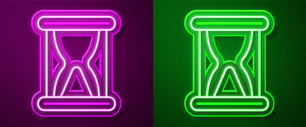 ilustrações de stock, clip art, desenhos animados e ícones de glowing neon line old hourglass with flowing sand icon isolated on purple and green background. sand clock sign. business and time management concept. vector - hourglass time purple deadline