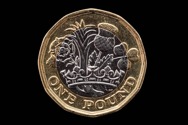 New one pound British coin New one pound British coin of England UK introduced in 2017 which show emblems of each of the nations cut out and isolated on a black background stock photo image one pound coin stock pictures, royalty-free photos & images