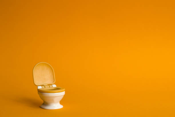 biała toaleta z pomarańczową pokrywką na pomarańczowym tle na cześć światowego dnia toalety 19 listopada - toilet public restroom air freshener cleaning zdjęcia i obrazy z banku zdjęć