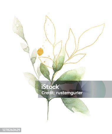 istock Green and gold leaf watercolor bouquet 1278263429