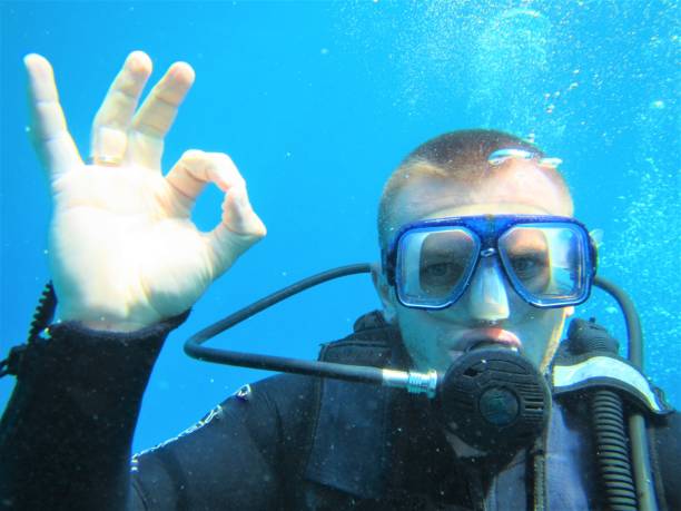 istock Light-skinned man in diving gear is diving underwater. Active lifestyle concept. 1278264629