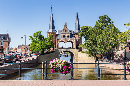 Sneek, Netherlands - August 7, 2020: Water poort or gate in centre of Sneek in Friesland in the Netherlands