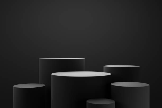istock Blank product display on dark studio background with pedestal or podium. Empty showcase stand backdrops. 3D rendering. 1278267075