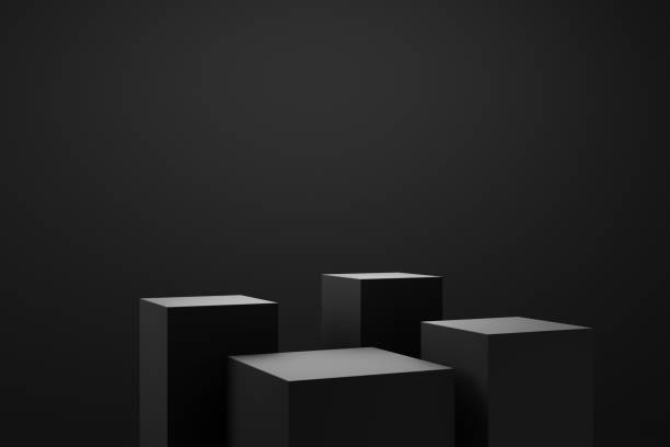 istock Blank product display on dark studio background with pedestal or podium. Empty showcase stand backdrops. 3D rendering. 1278267384