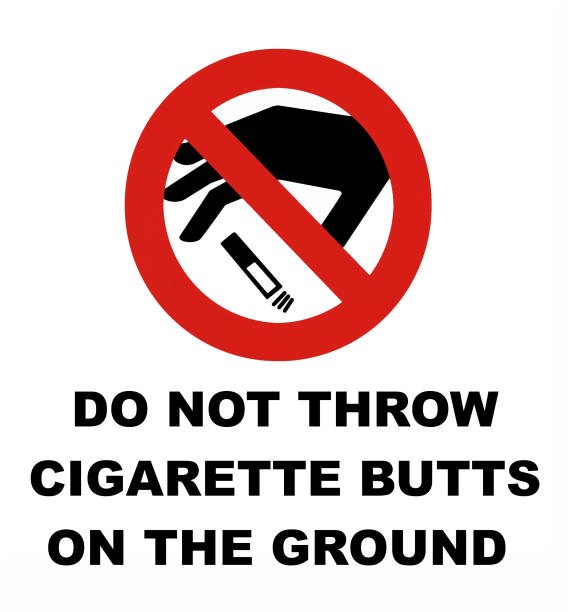 ilustraciones, imágenes clip art, dibujos animados e iconos de stock de no tire colillas de cigarrillos al suelo. signo de prohibición. - colilla