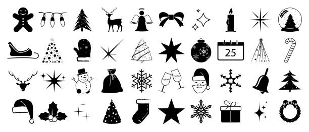 ilustraciones, imágenes clip art, dibujos animados e iconos de stock de vector de navidad editable y escalable en cualquier tamaño - colección de 40 iconos - christmas holiday vacations candy cane