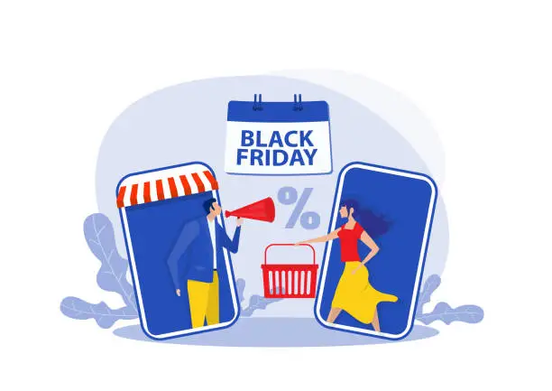 Vector illustration of black friday shop; woman shop online stor; promo purchase marketing illustration