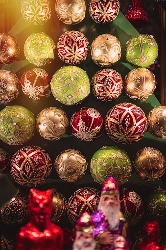 Christmas decoration balls  at Christmas market at nght