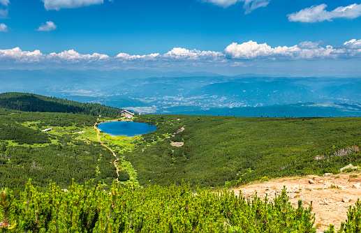 View at Bezbog hut and lake in Pirin mountain. Bulgaria, Europe.