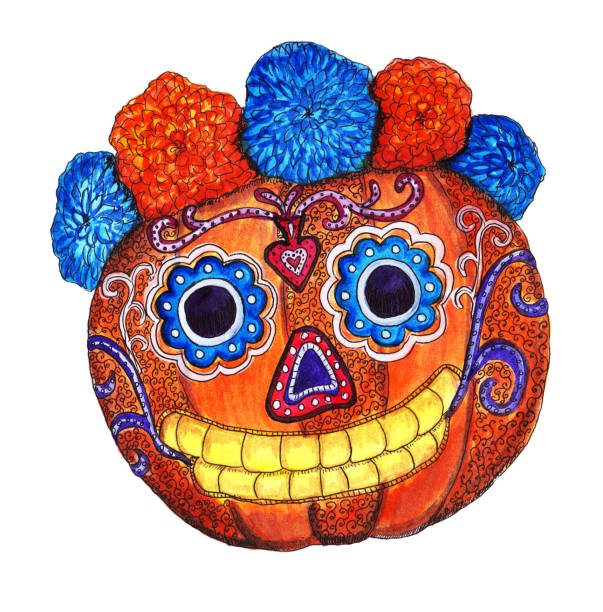 Halloween carved pumpkin, jack-o'-lantern, jack o'lantern. Ornated with marigold flowers and tattoo. Mexican Calavera, sugar skull style. Autumn harvest. Halloween decorations. Hand drawn illustration. cartoon of painted skull faces stock illustrations