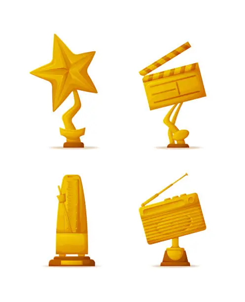 Vector illustration of Movie and Music Awards, Gold Trophy Cups or Prizes