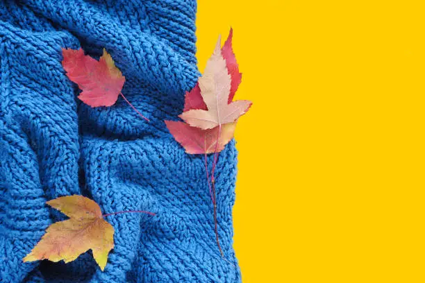 autumn background. blue knitted plaid with folds on a yellow-mustard background. copy space