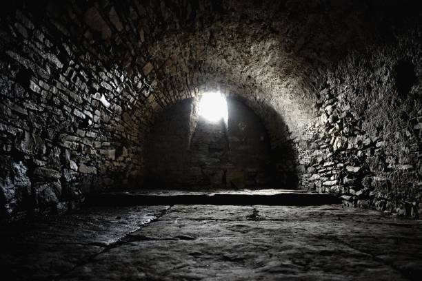 subterrâneo assustador, velho porão pedregoso - basement spooky cellar door - fotografias e filmes do acervo