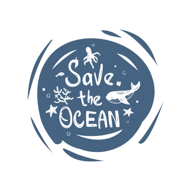 ilustrações de stock, clip art, desenhos animados e ícones de save the ocean lettering and sea animals on abstract circle shape. - save oceans