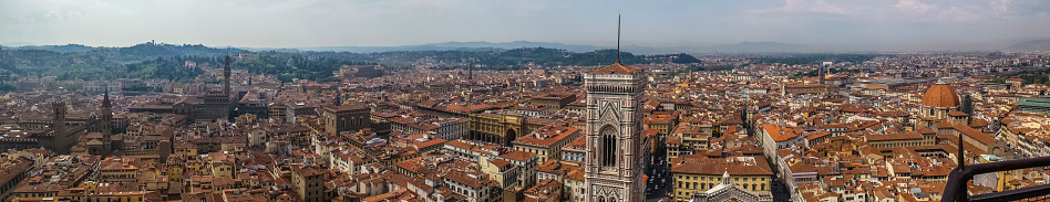 ultra wide panoramic view of Florence with many monuments in background from Michelangelo Square