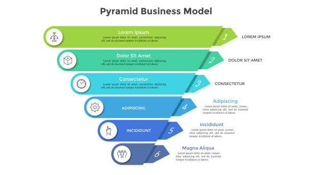 Modern Infographic Template Inverted pyramid divided into 6 colorful parts or layers. Concept of six stages or steps of business progress. Creative infographic design template. Volumetric vector illustration for presentation. negative image technique stock illustrations