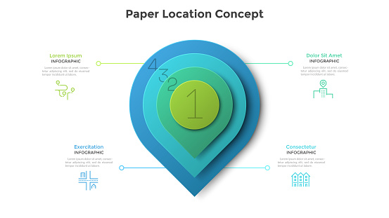 Map pin or location mark consisted of four colorful paper round elements placed one on another. Concept of 4 steps of business route. Modern infographic design template. Realistic vector illustration.