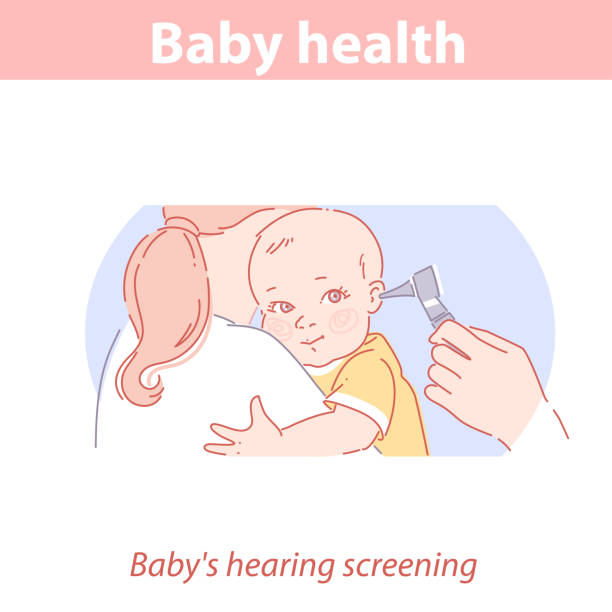 маленький ребенок на плече матери и врач в медицинской клинике. - ear exam stock illustrations