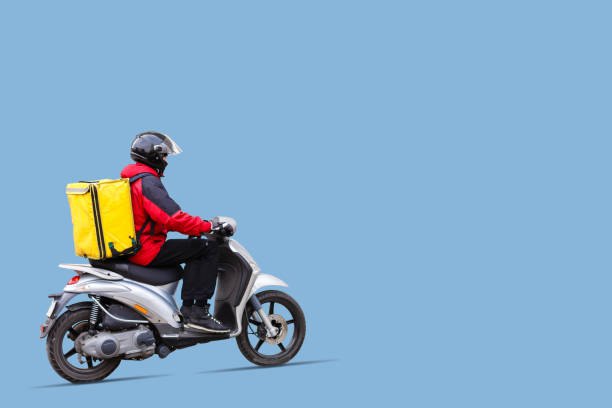 istock Young courier with thermo bag on color background, space for text. Food delivery service 1278280717