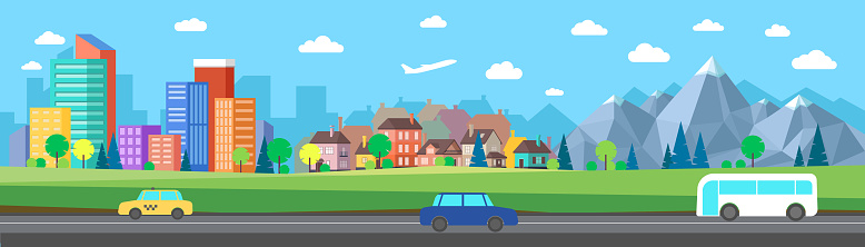 Flat Vector Cartoon Style Illustration Of Urban Landscape Road With Cars  Skyline City Office Buildings And Family Houses In Small Town Village In  Backround With Forest And Mountain Background Stock Illustration -