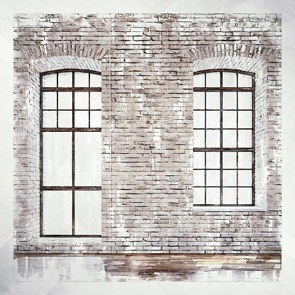 Empty warehouse interior, side wall view with arched large windows illuminated by natural light. Sketch effect applied on 3D rendered image. Slight vintage effect applied.