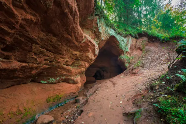 Natural cave in the park at the Rozhdestveno estate, near the town of Gatchina in the Leningrad region