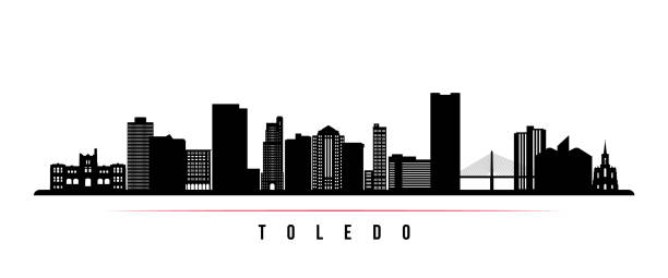 ilustrações de stock, clip art, desenhos animados e ícones de toledo skyline horizontal banner. black and white silhouette of toledo city, ohio. vector template for your design. - toledo