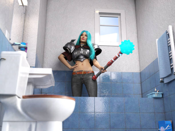 3D Photo of a Young Woman with Armor Standing Inside her Bathtub stock photo
