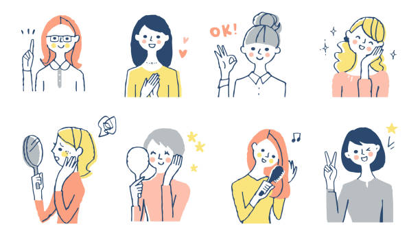 zestaw pozytywnych mimiki twarzy różnych kobiet - hair care illustrations stock illustrations