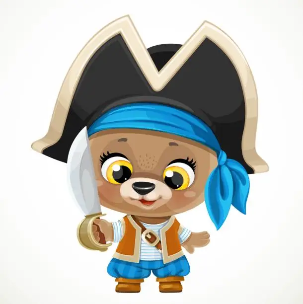 Vector illustration of Cute cartoon baby bear dressed in pirate costume with a saber isolated on a white background