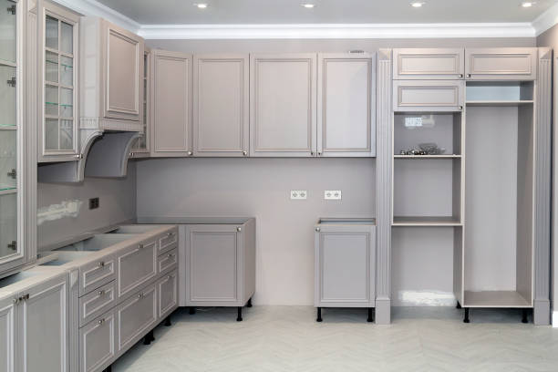 View of the new elegant corner kitchen during assembly