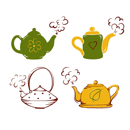 Vector cozy set of teapots. Hugge. Isolated background.
