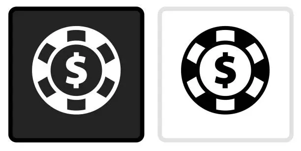 Vector illustration of Poker Chip Icon on  Black Button with White Rollover