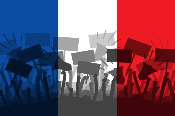 Photo of Protests in France. People take part in a protest march of the yellow vests against the rising of the fuel and oil prices. Silhouette of group of people protesting with a flag of France as a background. Vector illustration