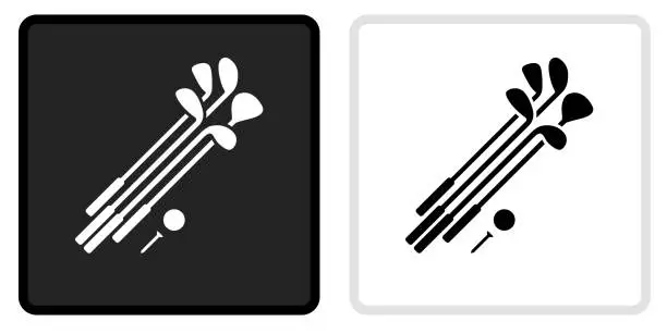 Vector illustration of Set of Golf Clubs and Ball Icon on  Black Button with White Rollover