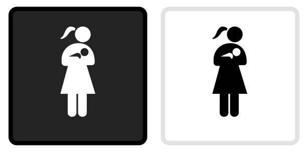 Woman Nursing a Baby Icon on  Black Button with White Rollover Woman Nursing a Baby Icon on  Black Button with White Rollover. This vector icon has two  variations. The first one on the left is dark gray with a black border and the second button on the right is white with a light gray border. The buttons are identical in size and will work perfectly as a roll-over combination. nurse borders stock illustrations