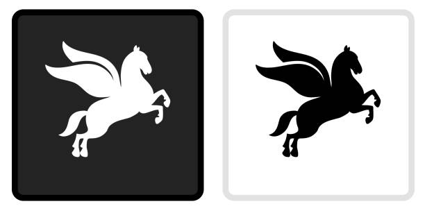 ikona pegaza na czarnym przycisku z białym najazdem - mythology horse pegasus black and white stock illustrations