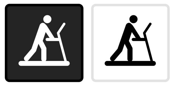 Man on The Treadmill Icon on  Black Button with White Rollover Man on The Treadmill Icon on  Black Button with White Rollover. This vector icon has two  variations. The first one on the left is dark gray with a black border and the second button on the right is white with a light gray border. The buttons are identical in size and will work perfectly as a roll-over combination. treadmill stock illustrations