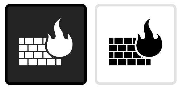 illustrations, cliparts, dessins animés et icônes de icône pare-feu sur bouton noir avec rollover blanc - computer icon black and white flame symbol