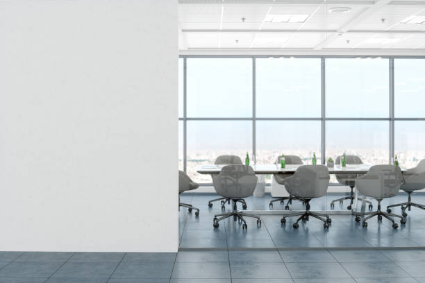 moderna sala de oficina vacía con pared en blanco - chair desk white office fotografías e imágenes de stock