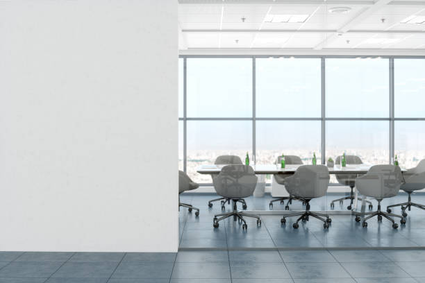 современный пустой офисный зал с белой пустой стеной - glass desk стоковые фото и изображения