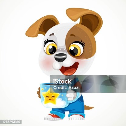 istock Cute cartoon baby dog with cup of hot tea or coffee isolated on a white background 1278293160