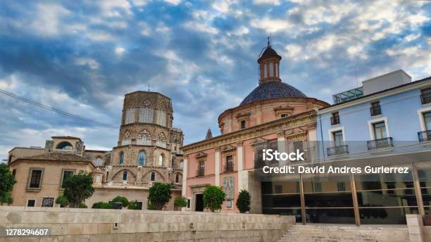 Decimo Junio Bruto Square In Valencia With The Dome Of The Royal Basilica Of Our Lady Of The Forsaken Stock Photo - Download Image Now